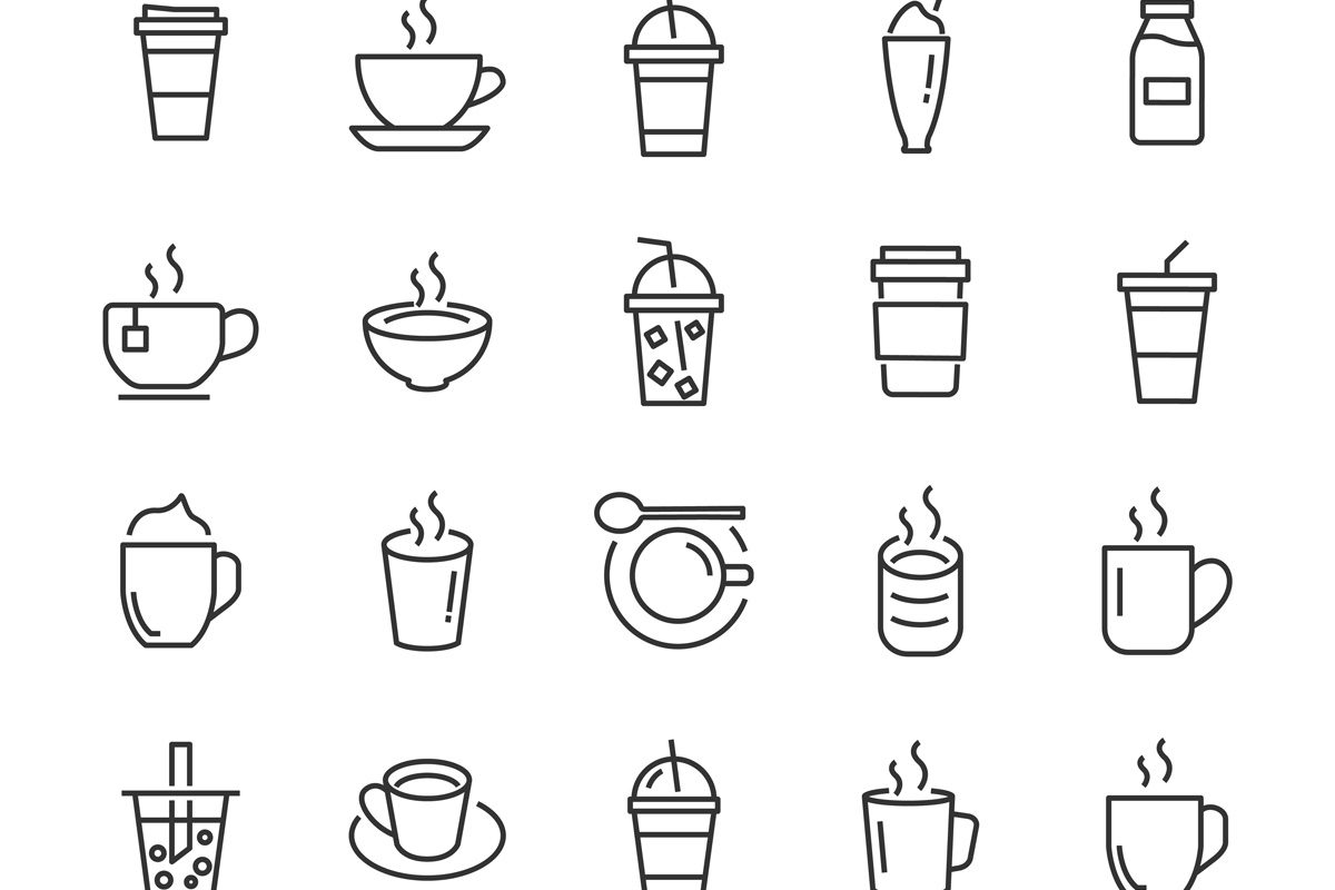 Outlined drawings of different coffee drinks against a white background in El Paso.