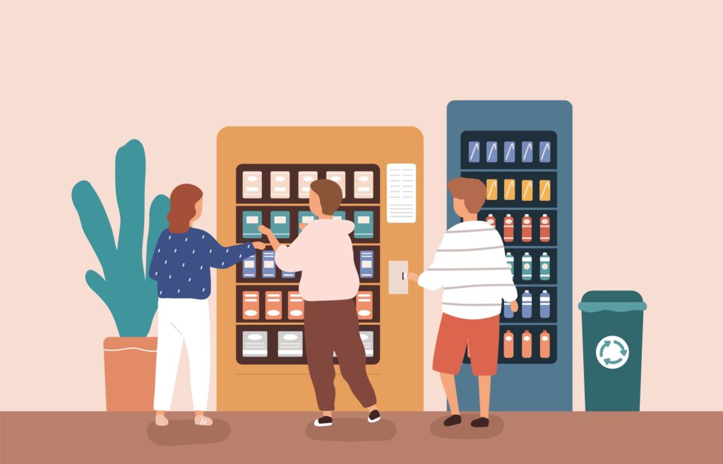 A vector illustration displaying children buying snack and beverage at vending machine
